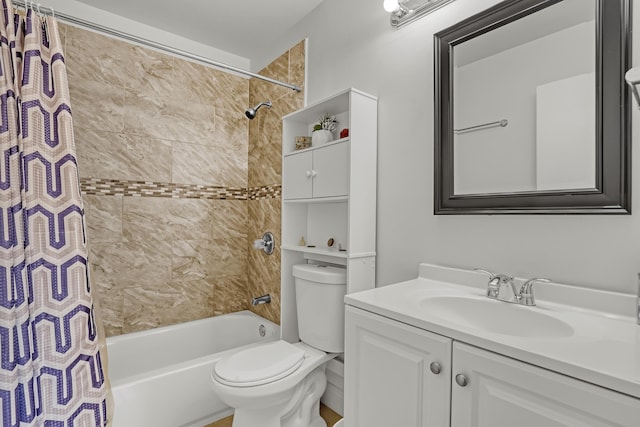 bathroom featuring shower / bathtub combination with curtain, toilet, and vanity