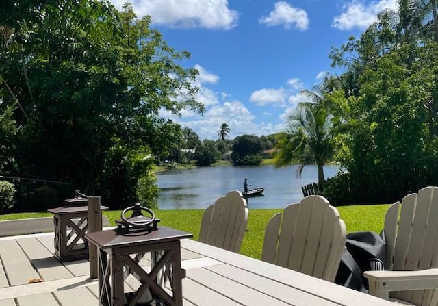 dock area featuring a lawn, a fire pit, and a water view