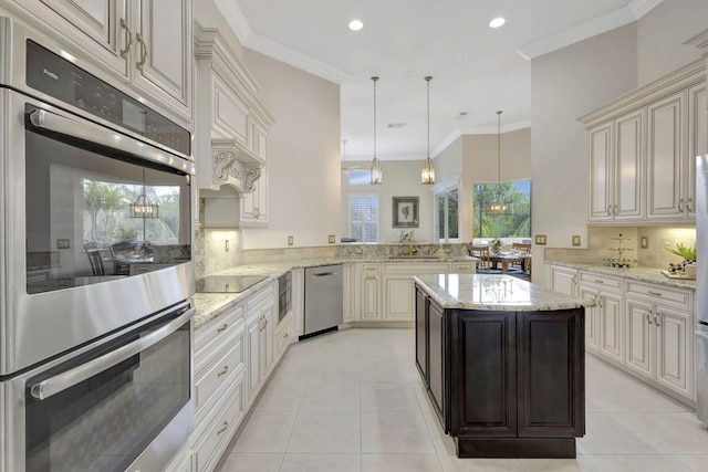 kitchen with decorative backsplash, ornamental molding, and stainless steel appliances