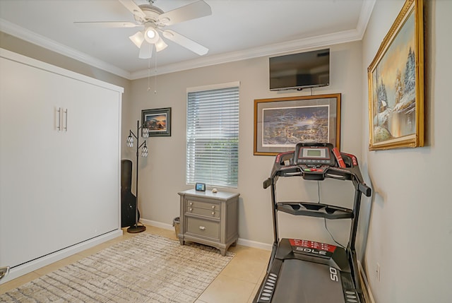 9328 Silent Oak Cir, West Palm Beach, FL 33411 - workout room with ornamental molding, baseboards, a ceiling fan, and light tile patterned flooring