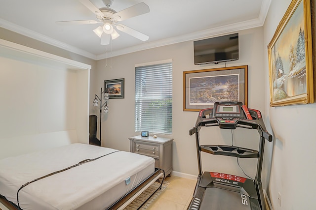 9328 Silent Oak Cir, West Palm Beach, FL 33411 - bedroom with ornamental molding, baseboards, ceiling fan, and light tile patterned floors
