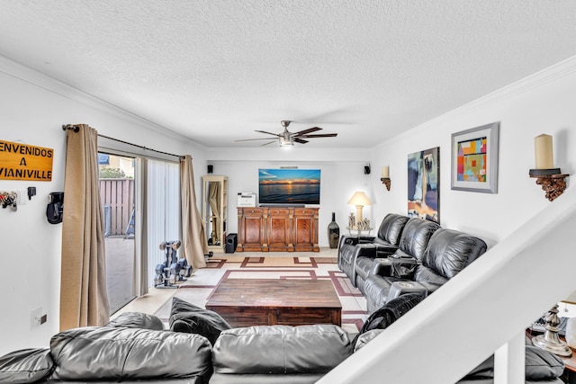 211 2nd Ct, Palm Beach Gardens, FL 33410 - living room featuring ornamental molding, ceiling fan, and a textured ceiling