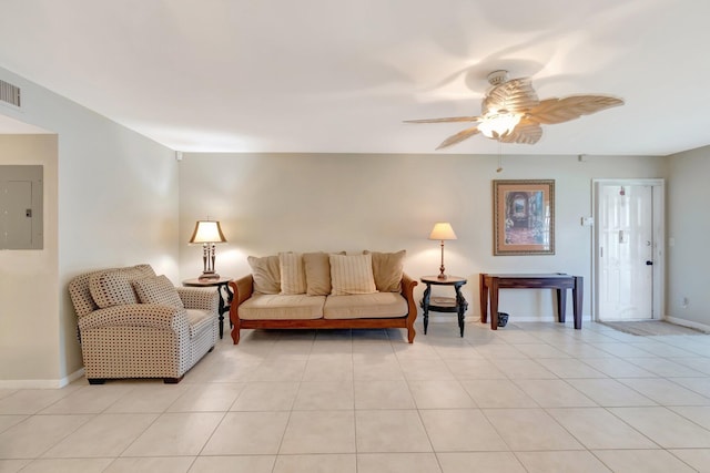 1245 High Point Pl S Unit C, Delray Beach, FL 33445 - living room with baseboards, a ceiling fan, light tile patterned floors, and electric panel