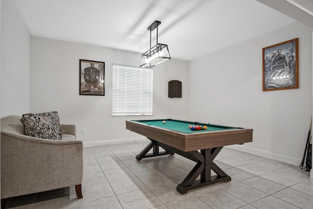 playroom featuring baseboards, pool table, and light tile patterned floors