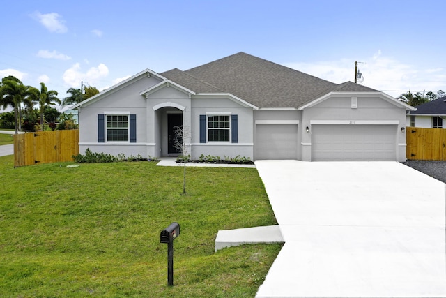 single story home with driveway, stucco siding, fence, a front lawn, and a garage