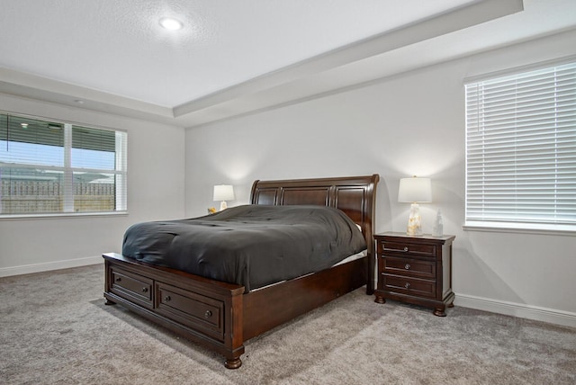 bedroom featuring light carpet, baseboards, and a raised ceiling