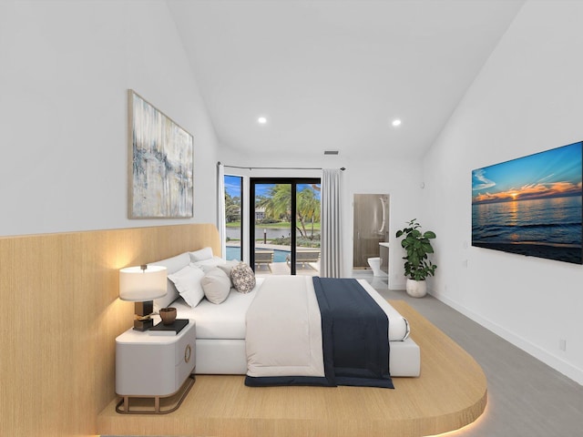 bedroom featuring access to exterior, recessed lighting, high vaulted ceiling, and wainscoting