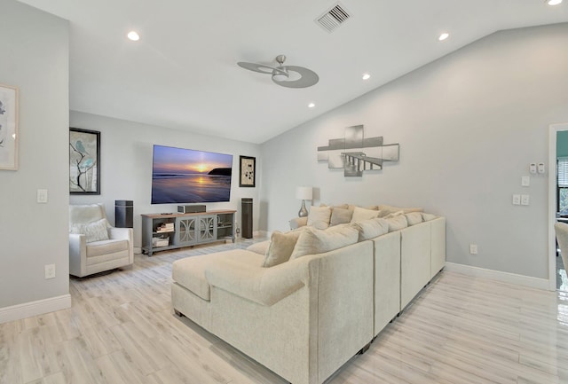 2430 NW 14th St, Delray Beach, FL 33445 - living area featuring vaulted ceiling, light wood-type flooring, ceiling fan, and recessed lighting