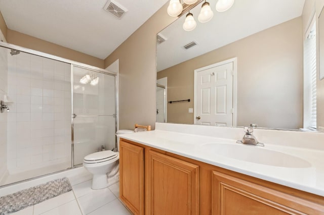 full bathroom with toilet, a shower stall, tile patterned floors, and visible vents