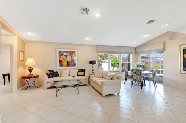 living area featuring light tile patterned floors, recessed lighting, ornamental molding, and visible vents