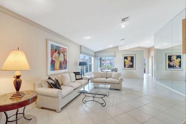 living area with light tile patterned floors, crown molding, vaulted ceiling, and visible vents