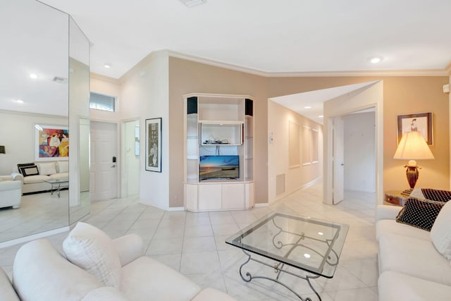 living room with light tile patterned floors, crown molding, baseboards, and recessed lighting