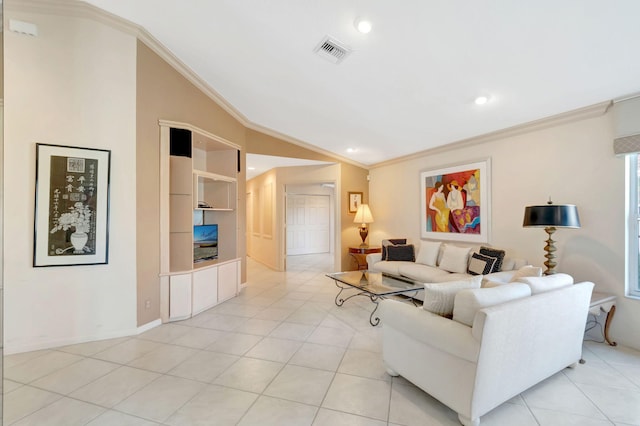 living room featuring light tile patterned floors, crown molding, lofted ceiling, and visible vents