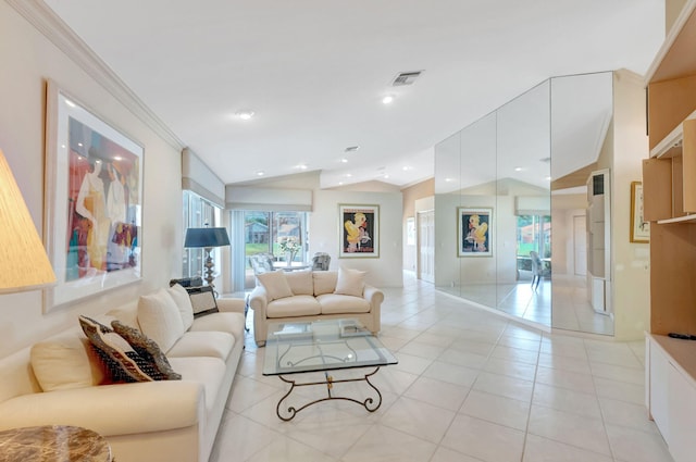 living room with crown molding, lofted ceiling, light tile patterned floors, visible vents, and recessed lighting