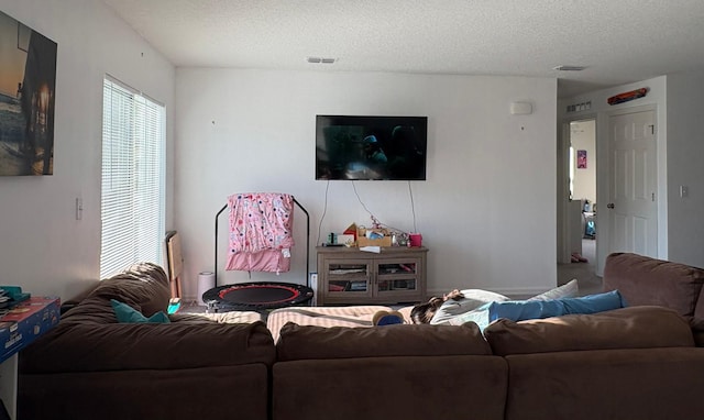 1938 SW Monterrey Ln, Port Saint Lucie, FL 34953 - living room featuring carpet, a textured ceiling, and visible vents