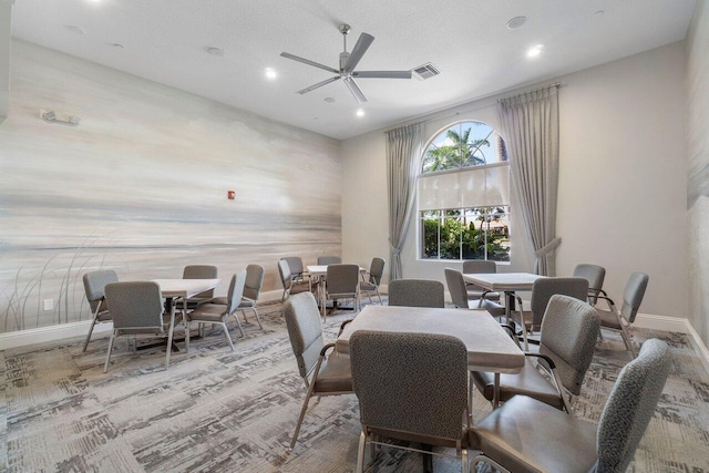 dining room with recessed lighting, baseboards, ceiling fan, and visible vents