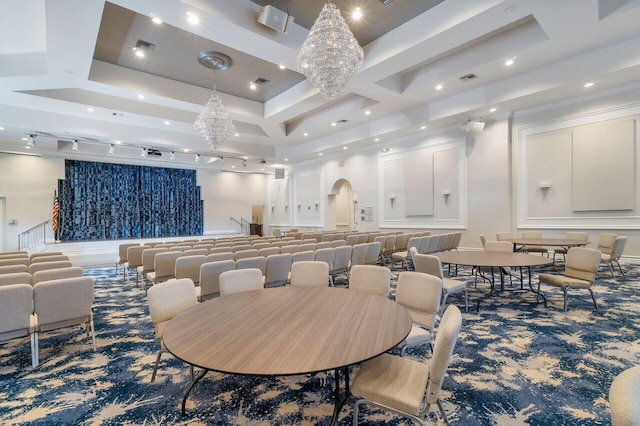 dining area with coffered ceiling, carpet, visible vents, arched walkways, and recessed lighting