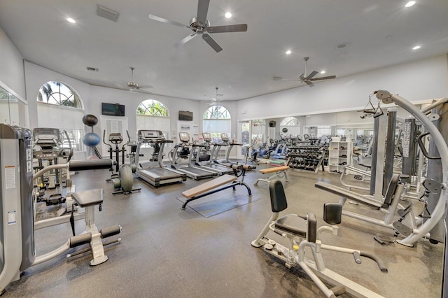 gym with visible vents, recessed lighting, and a ceiling fan