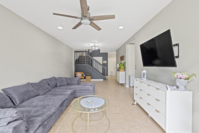 living room featuring stairs, ceiling fan, recessed lighting, and light tile patterned floors