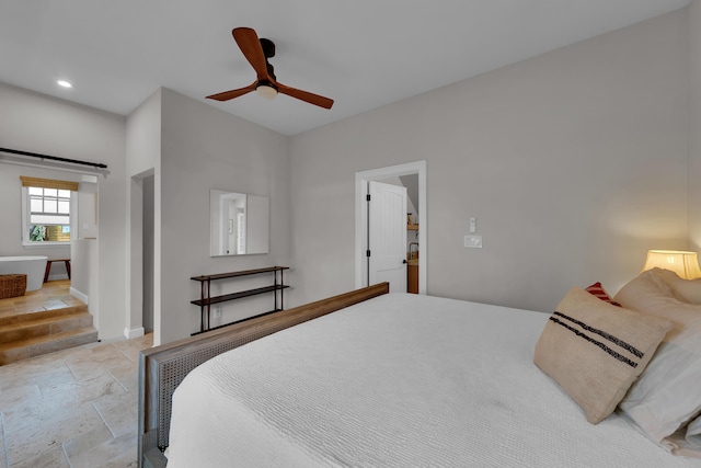 bedroom with recessed lighting, baseboards, a ceiling fan, and stone tile flooring