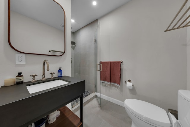 bathroom featuring tile patterned flooring, vanity, toilet, walk in shower, and recessed lighting