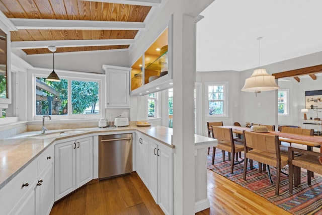 kitchen with a sink, a peninsula, white cabinetry, dark wood-type flooring, and stainless steel dishwasher