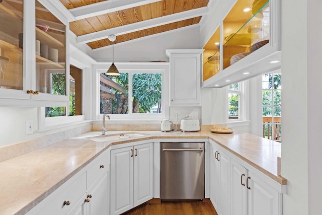 kitchen with wood ceiling, stainless steel dishwasher, a sink, glass insert cabinets, and vaulted ceiling with beams