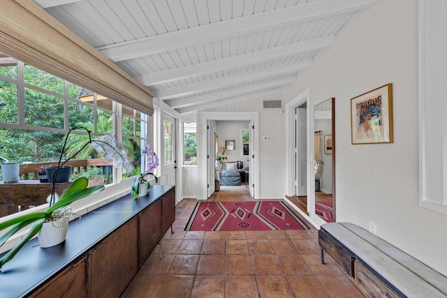 interior space with wood ceiling, lofted ceiling with beams, and visible vents
