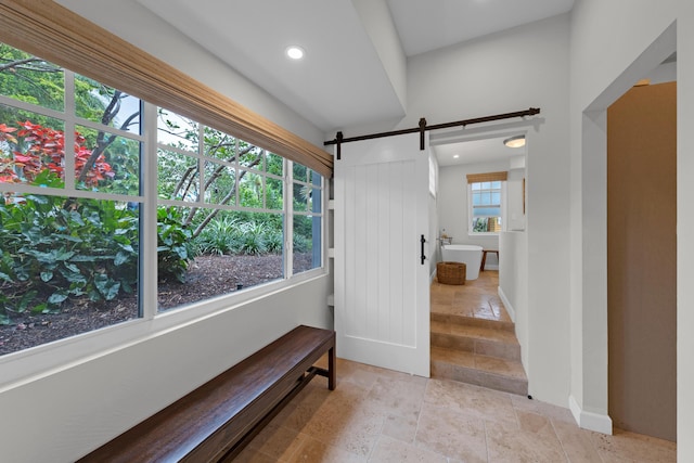 interior space with a barn door