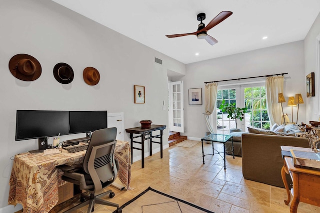 office area with ceiling fan, stone tile floors, recessed lighting, baseboards, and visible vents