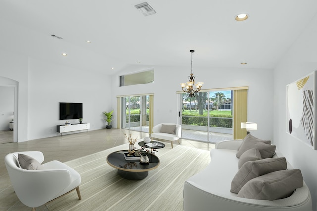 7130 Catania Dr, Boynton Beach, FL 33472 - tiled living area with recessed lighting, high vaulted ceiling, a chandelier, and visible vents