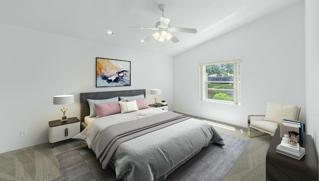 7130 Catania Dr, Boynton Beach, FL 33472 - bedroom with carpet floors, ceiling fan, vaulted ceiling, and recessed lighting