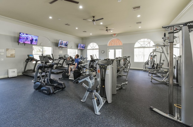 7130 Catania Dr, Boynton Beach, FL 33472 - workout area with visible vents, baseboards, ornamental molding, a ceiling fan, and a wealth of natural light