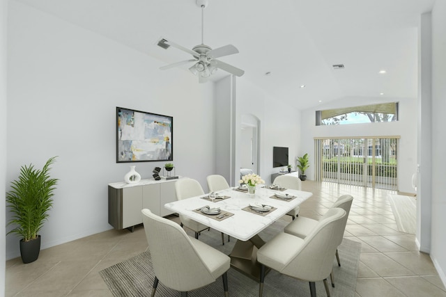 7130 Catania Dr, Boynton Beach, FL 33472 - dining room featuring recessed lighting, light tile patterned floors, high vaulted ceiling, visible vents, and a ceiling fan