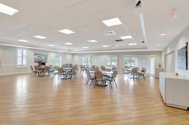 dining room with baseboards, a raised ceiling, light wood-type flooring, and plenty of natural light
