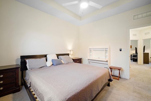 bedroom with ceiling fan, baseboards, light colored carpet, and visible vents