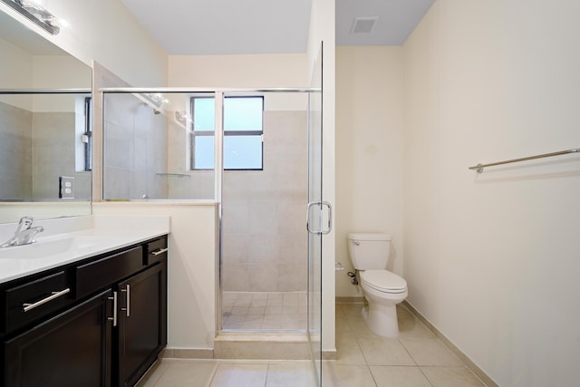 bathroom with visible vents, a shower stall, toilet, tile patterned floors, and vanity