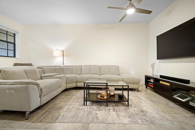living room with a ceiling fan