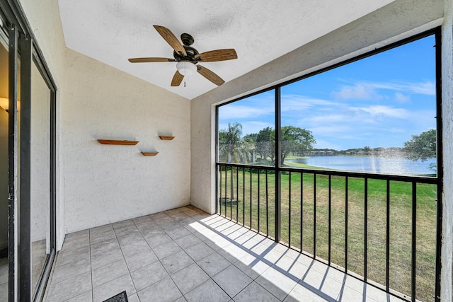 3050 Norwood Pl Unit N208, Boca Raton, FL 33431 - unfurnished sunroom with a water view, ceiling fan, and lofted ceiling