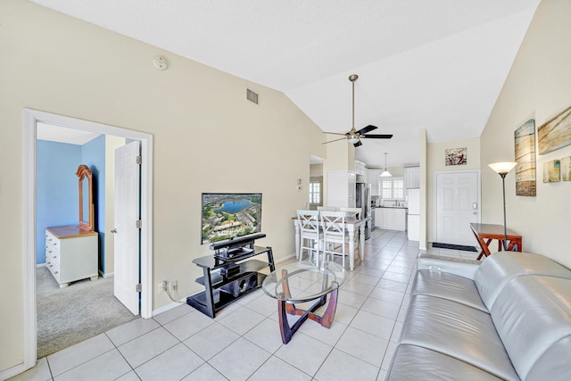 3050 Norwood Pl Unit N208, Boca Raton, FL 33431 - living room featuring high vaulted ceiling, light tile patterned floors, a ceiling fan, visible vents, and baseboards