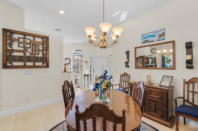 dining room with recessed lighting, visible vents, light tile patterned flooring, baseboards, and a chandelier