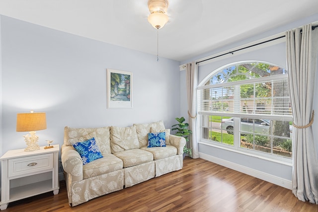 living room featuring wood finished floors and baseboards
