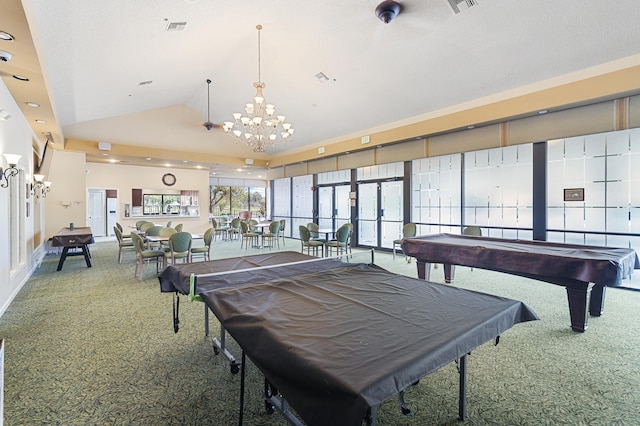 playroom featuring pool table, carpet floors, an inviting chandelier, french doors, and visible vents