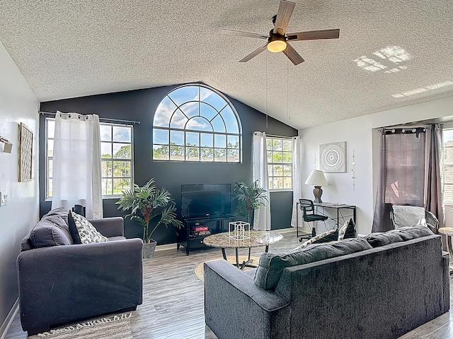 5005 Laguna Bay Cir Unit 26, Kissimmee, FL 34746 - living room featuring lofted ceiling, a textured ceiling, ceiling fan, and wood finished floors