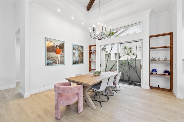 dining room with baseboards, a notable chandelier, and light wood finished floors