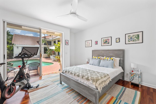 bedroom with baseboards, access to exterior, ceiling fan, and hardwood / wood-style flooring