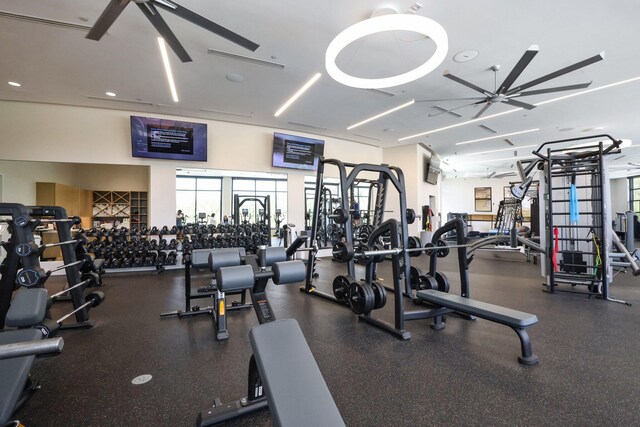 gym featuring a ceiling fan