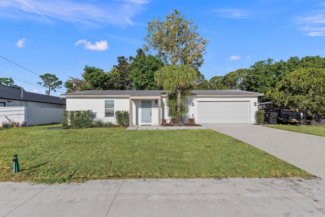 single story home with fence, a garage, a front yard, stucco siding, and driveway