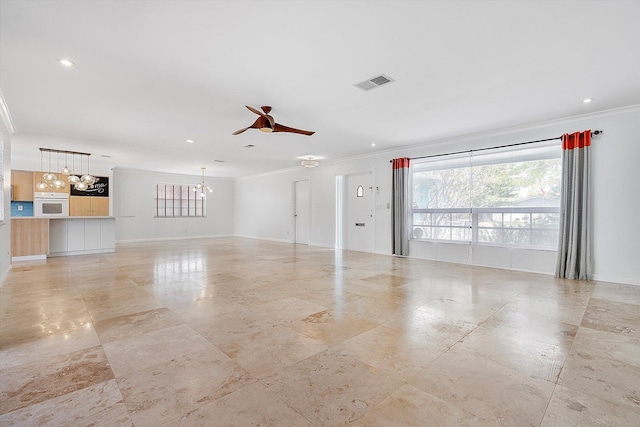 4800 Harrison St, Hollywood, FL 33021 - unfurnished living room featuring crown molding, a chandelier, ceiling fan, baseboards, and recessed lighting