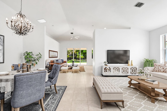 living room with visible vents, tile patterned floors, a notable chandelier, and a healthy amount of sunlight